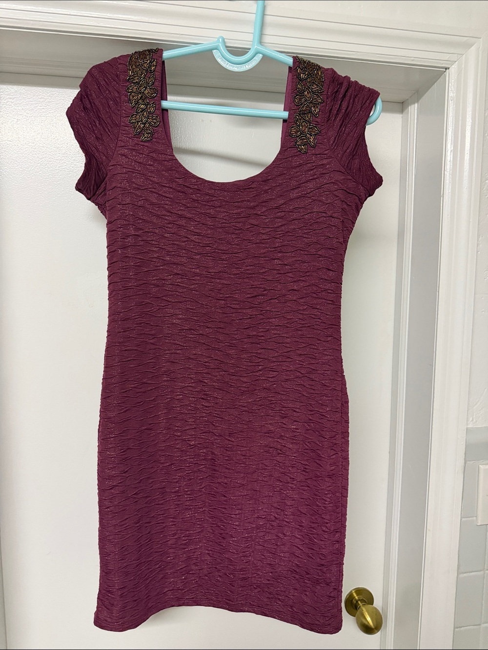 Free People Plum Textured Cap-Sleeve Mini with Gold Shoulder Embellishments